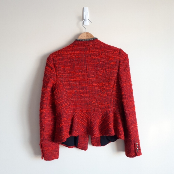 ZARA / L / Women's Tweed Studded Beaded Neckline Peplum Open Blazer Jacket 🌙 - Picture 8 of 11